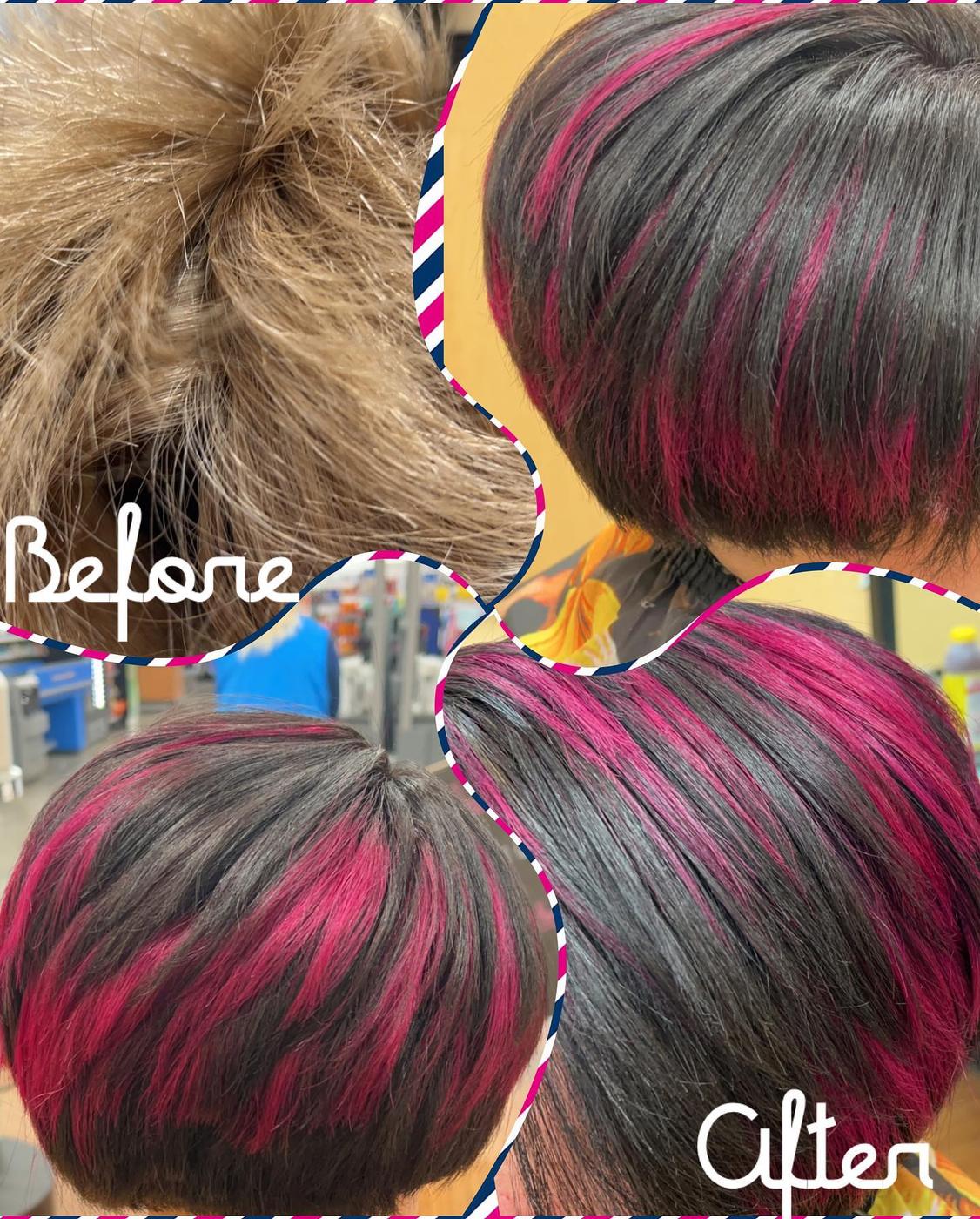 Before and after black and magenta hair color at Levels Up
